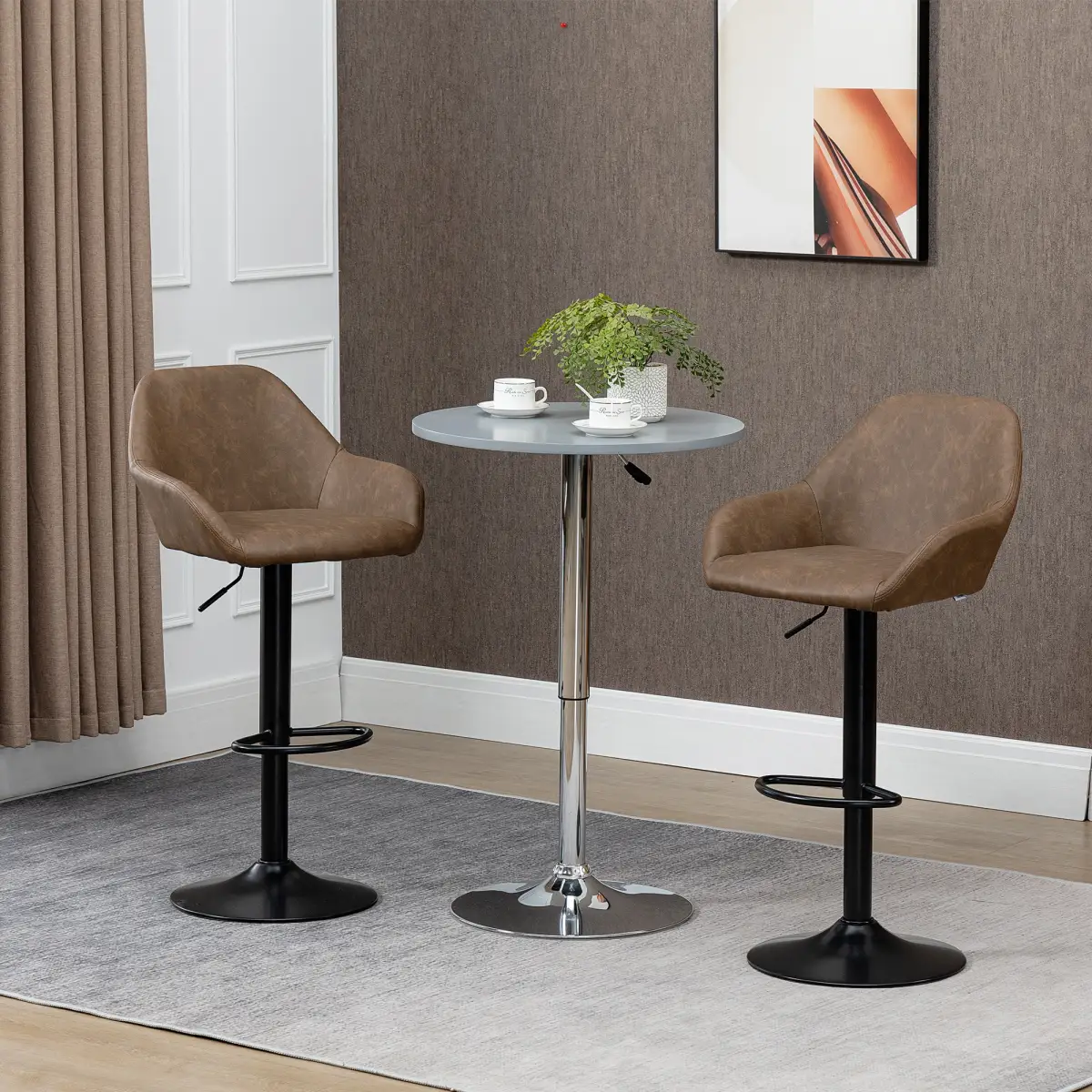 HOMCOM Set of 2, Swivel Barstools Footrest Backrest, PU Leather and Steel Brown - Bar Stool