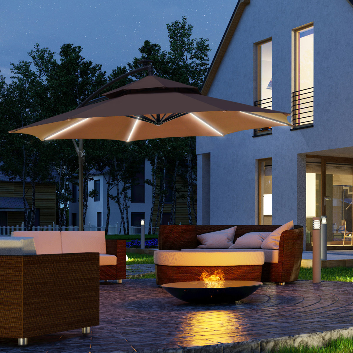 Outsunny 3m Cantilever Banana Parasol Double Roof, LED Solar lights, Crank, - Parasol