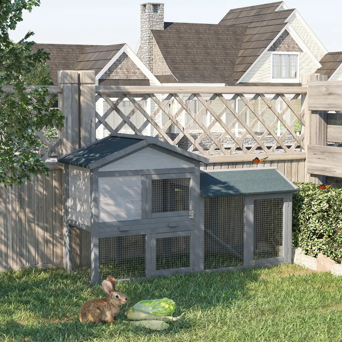 Pawhut 5ft Wooden Rabbit Guniea Pigs Hutch with Run 2 Tiers Outdoor Cage Pet House - Rabbit Hutch
