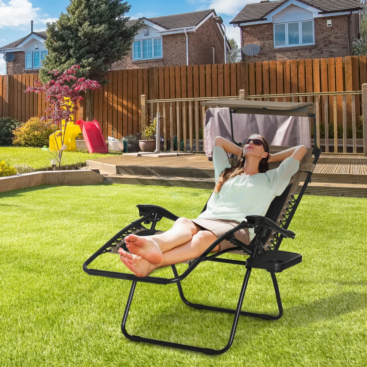 Zero Gravity Lounger Chair Full Size Lockable Recline Canopy Shade Cup Holder Tray Outdoor Patio Relaxation by Outsunny