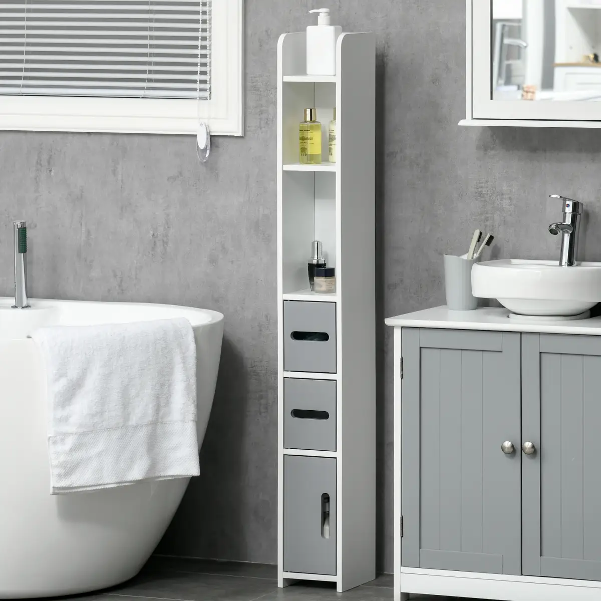 Unbranded kleankin Freestanding Tall Bathroom Cabinet W/ Open Shelves 3 Cupboards, Grey - Display Cabinet