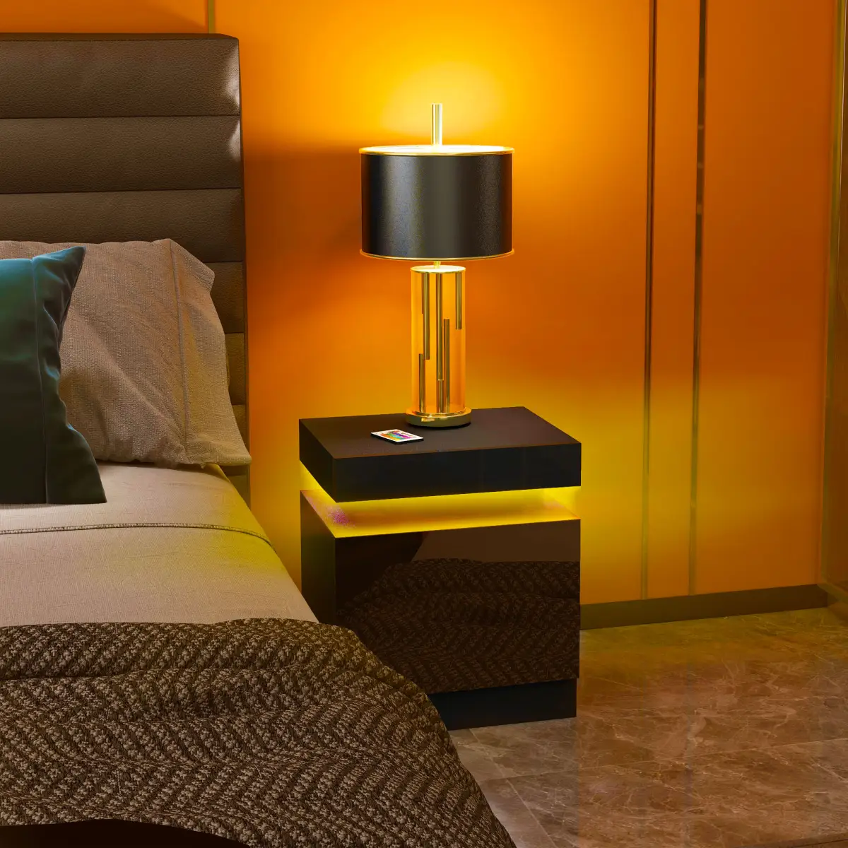 HOMCOM HOMCOM High Gloss Bedside Table with LED Light and 2 Drawers, Black - Bedside Table