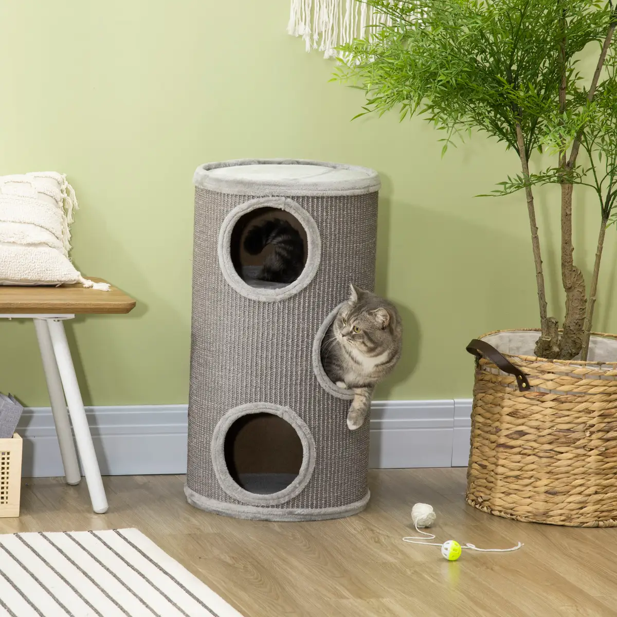 PawHut Cat Barrel Kitten Tree Tower for Indoor Cats, Covered with Sisal, Cosy Platform - Cat Tree