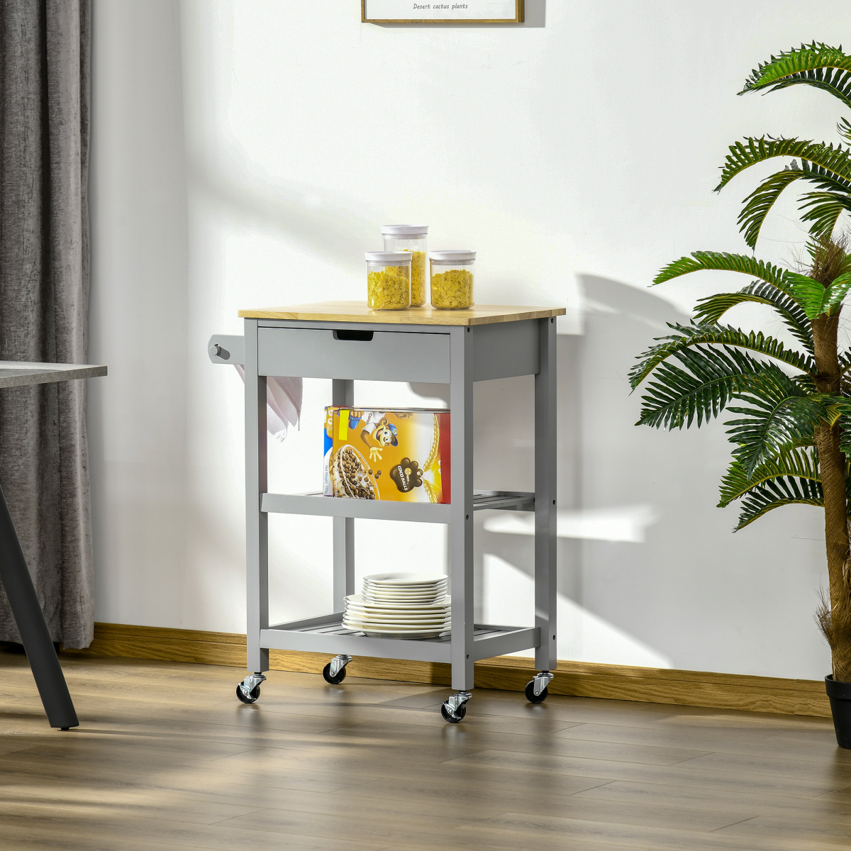 Kitchen Trolley Utility Cart on Wheels with Rubberwood Worktop Towel Rack - from HOMCOM