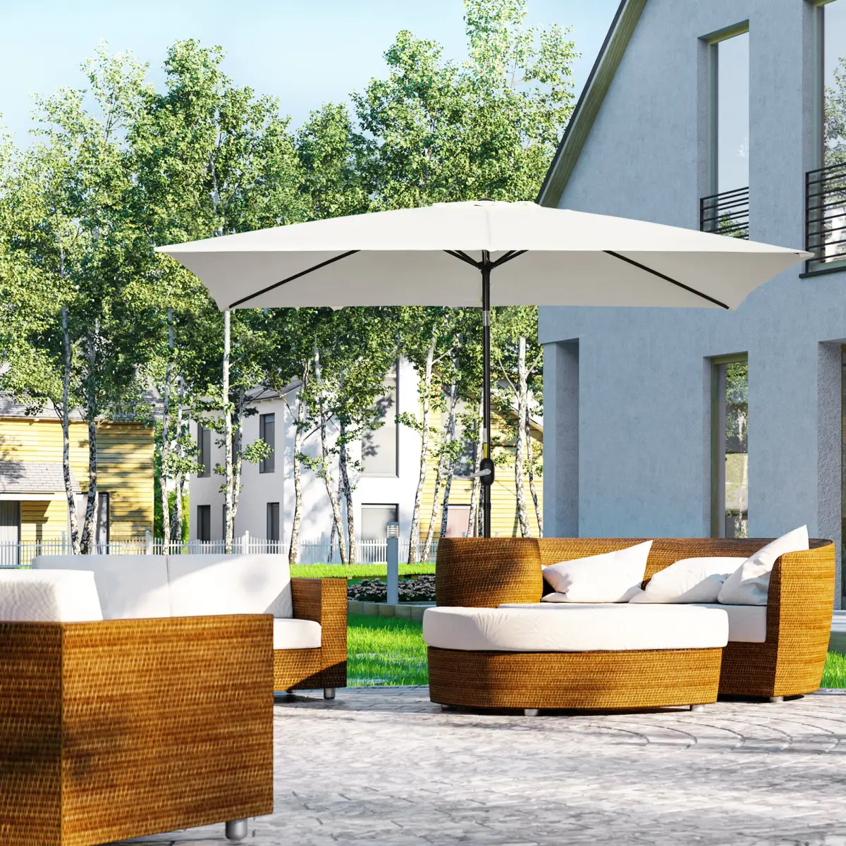 Outsunny 3x2m Patio Parasol Canopy Tilt Crank 6 Ribs Sun Shade Garden White - Parasol
