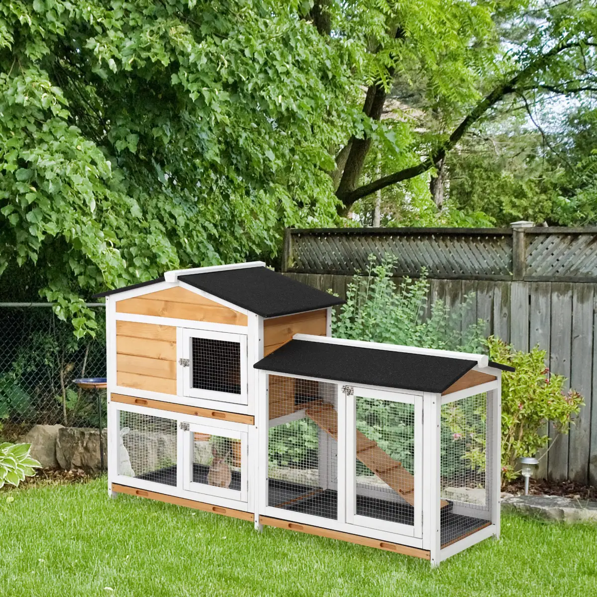 Unbranded 2-Tier Wooden Rabbit Hutch Guinea Pig House Pet Cage Outdoor Tray Ramp Pawhut - Rabbit Hutch