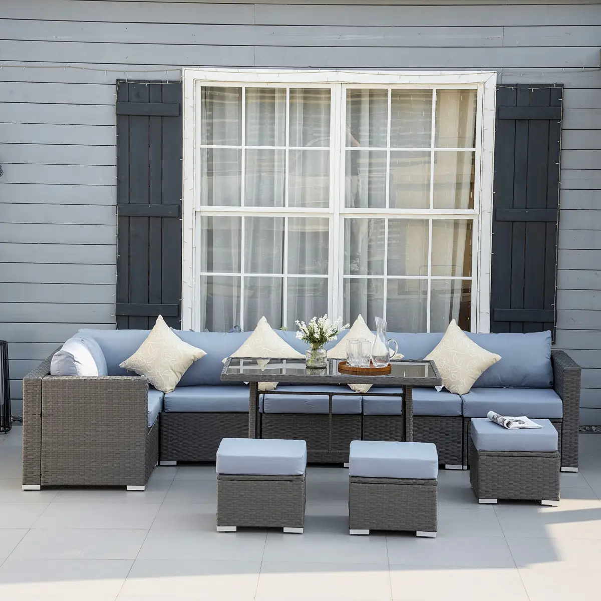 Outsunny 10 Pcs Rattan Sofa Set-Grey/Dusty Blue Cushion - Garden Sofa Sets