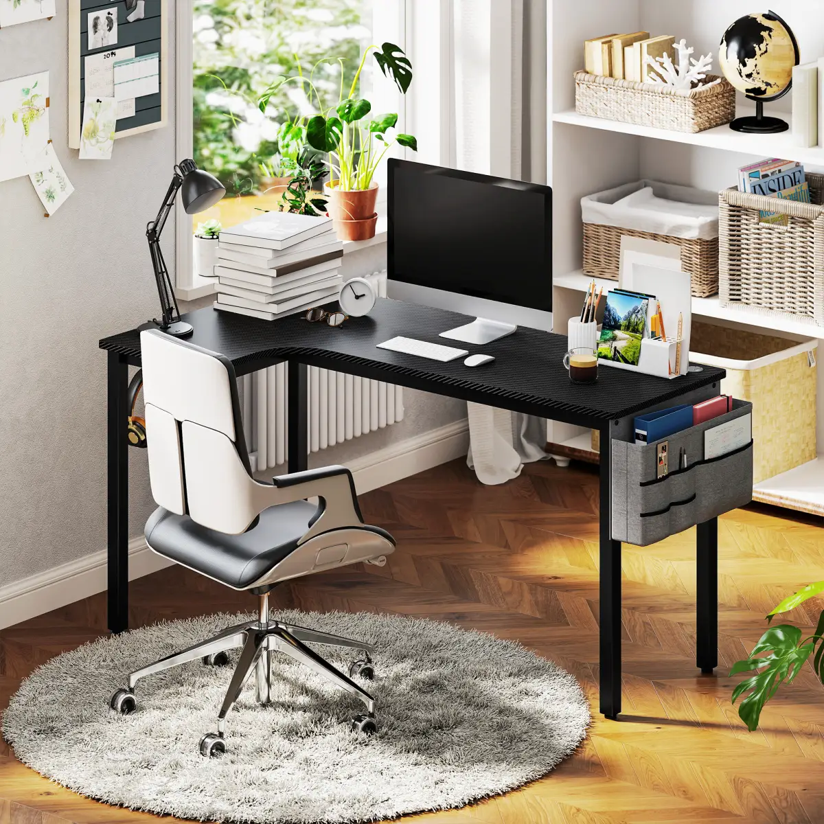 HOMCOM HOMCOM L-Shaped Corner Desk Computer with Fabric Bag and Hooks, Black - Desk