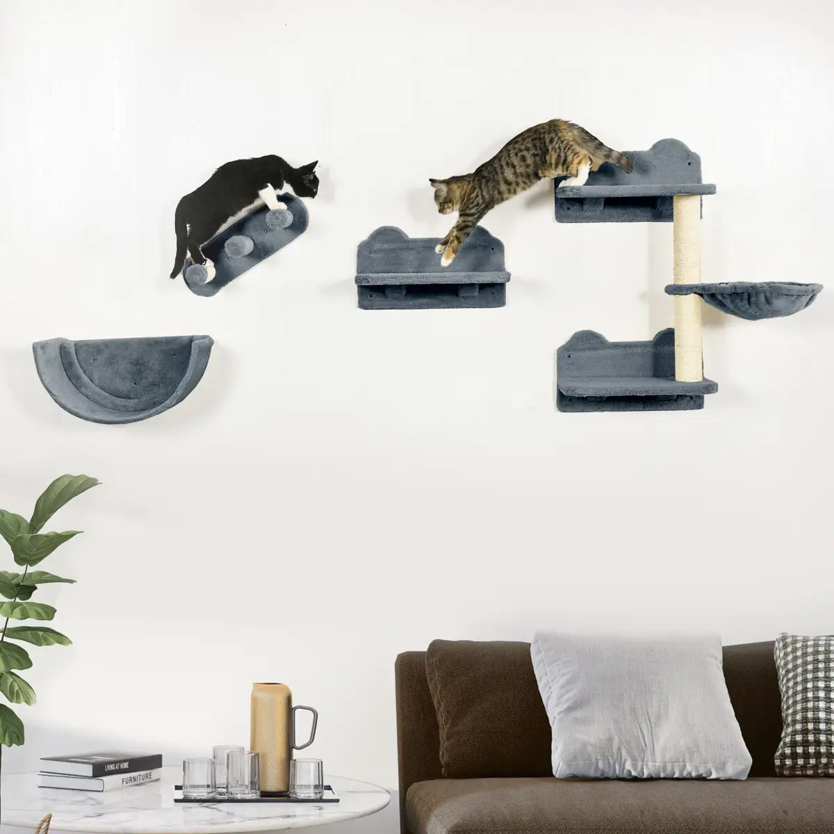 PawHut PawHut 4PCs Wall Mounted Cat Tree Cat Wall Shelves W/ Scratching Post Grey - Cat Tree