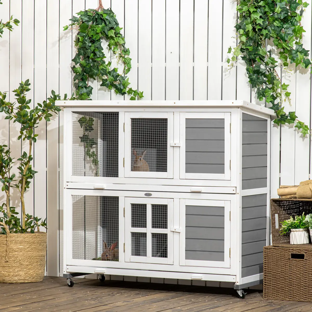 PawHut PawHut Wooden Rabbit Hutch, Small Animal House w/ Wheels, Removable Tray - Grey - Rabbit Hutch