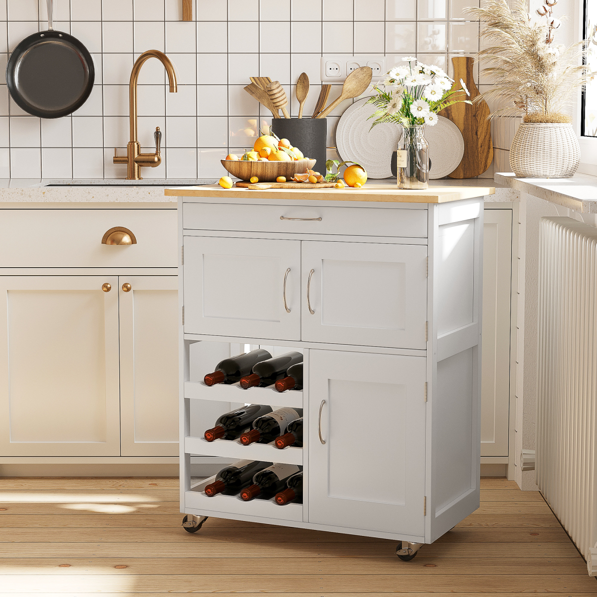 Modern Kitchen Trolley Rolling Island Storage Cart Drawer 9 Bottle Rack White - from HOMCOM