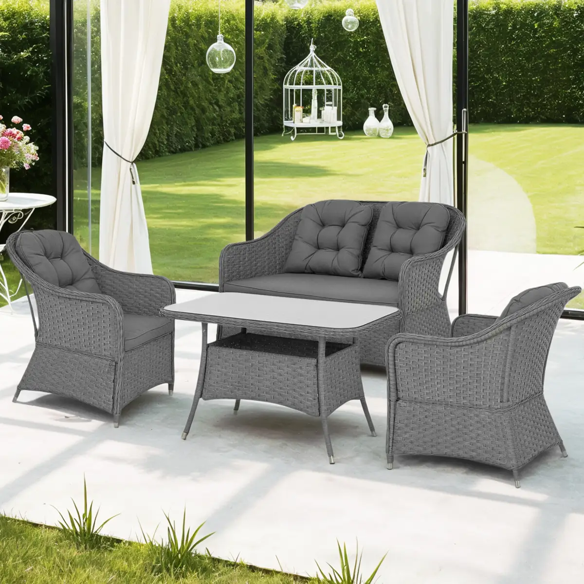 Outsunny Outsunny 4 PCS Rattan Garden Furniture, Padded Cushions Conversation Sofa Set - Garden Sofa Sets