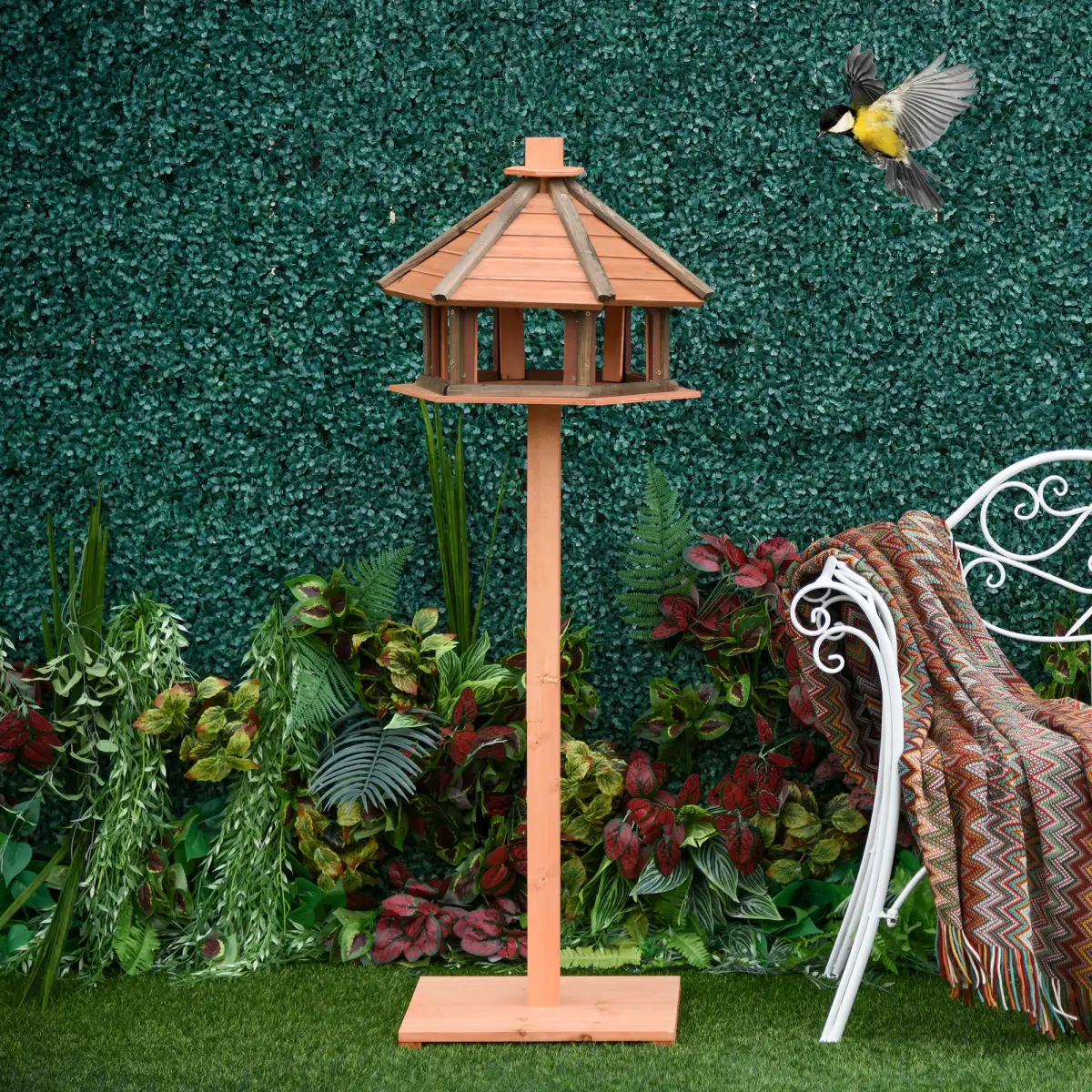 Pawhut Wooden Bird Feeder Wooden Bird Table Bird Feeder with Roof, Brown, 130cm - Bird Feeder