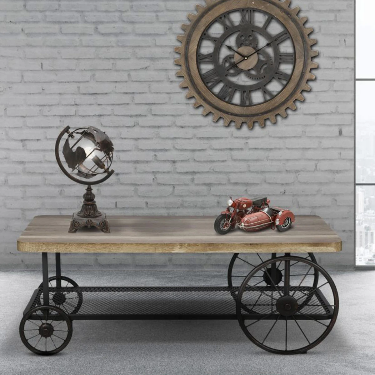 Indian Hub Handmade Coffee Table Mango Wood Top Wheels - Coffee Table