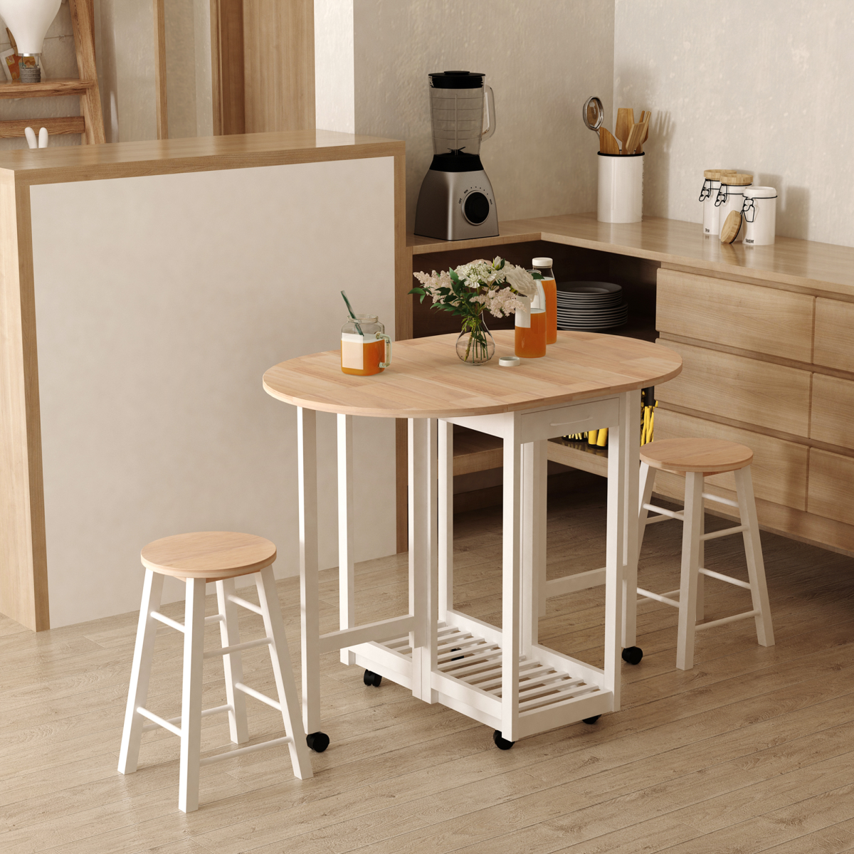 3pc Wooden Kitchen Cart Mobile Rolling Trolley Folding Stools Wheels Drawers - from Unbranded