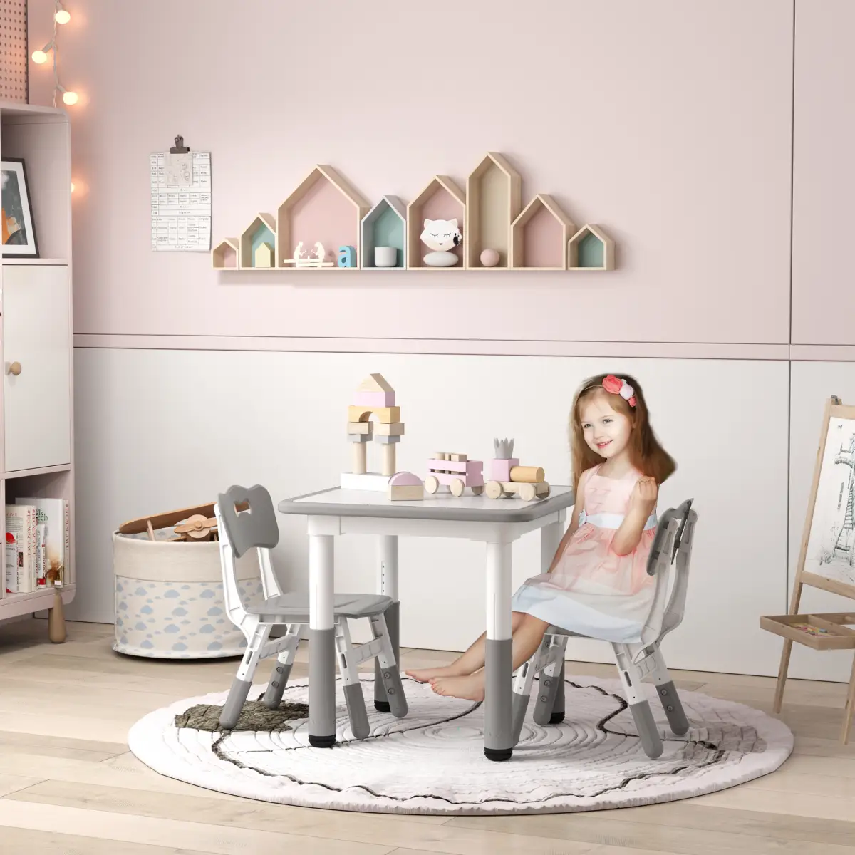 AIYAPLAY AIYAPLAY 3 Pcs Height Adjustable Kids Table and Chair Set for Playroom - Grey - Picnic Tables