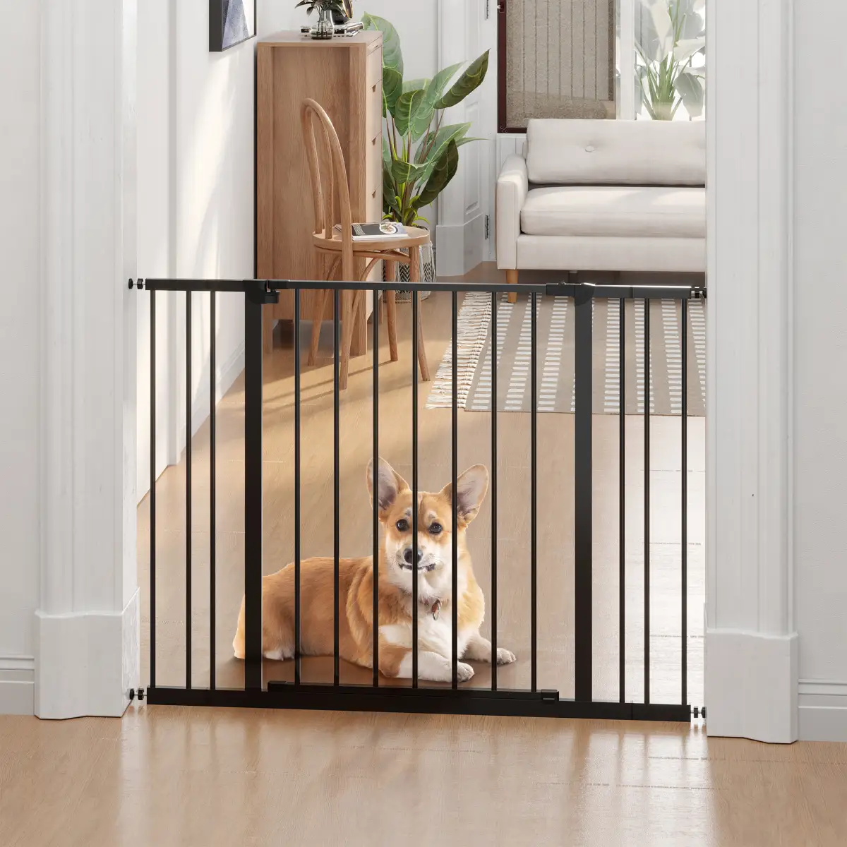 Pawhut Pressure Fit Dog Gate Pet Barrier for stairs doorway, 76-107cm Width Black - Pet Gate