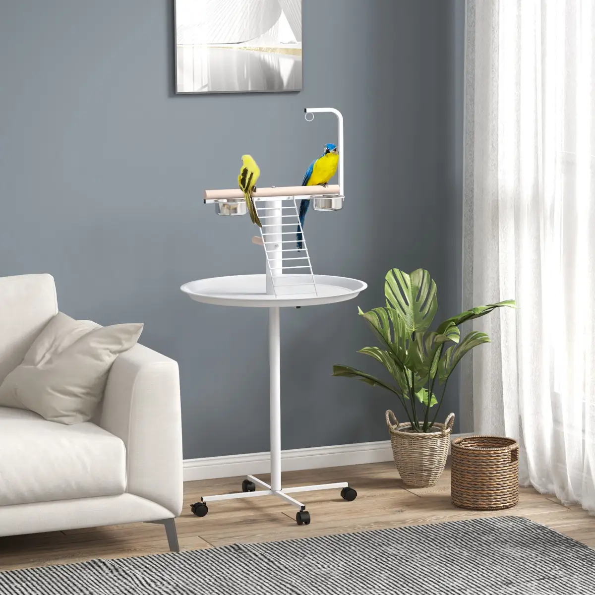 PawHut PawHut Bird Table with Four Wheels, Perches, Stainless Steel Bowls, Round Tray - Bird Feeder