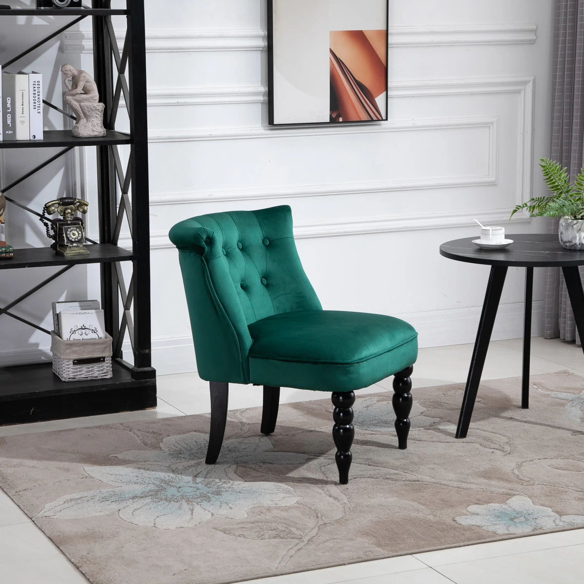 HOMCOM Velvet Wingback Chair Tufted Back Rubber Wood Legs - Accent Chair