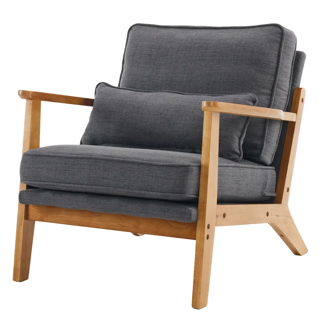 N/A Mid-Century Oak Accent Chair - Linen-Cotton Dark Gray Upholstered Single Lounge Chair, Indoor Armchair with Sturdy Wood Frame (330LBS Weight Capacity) - Accent Chair