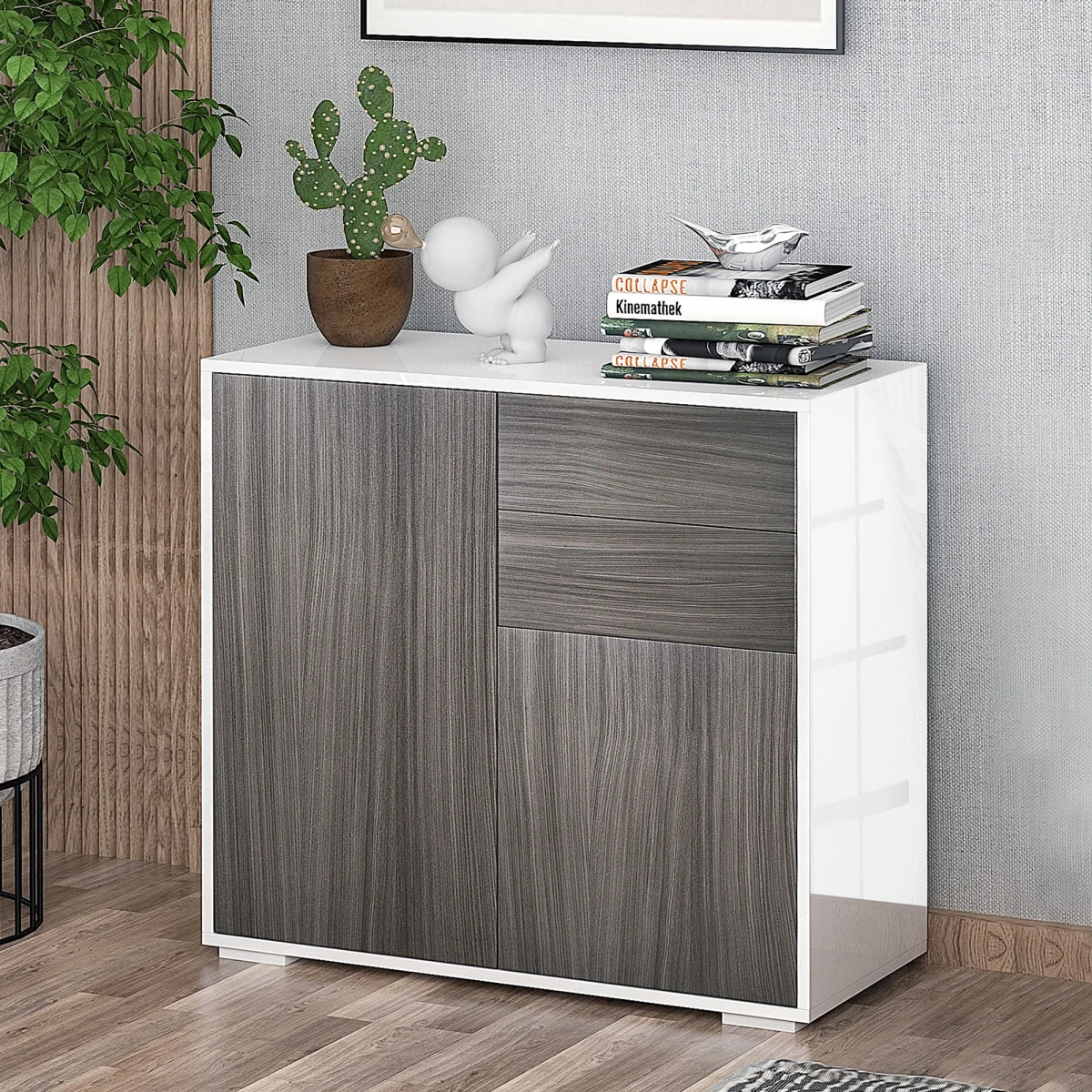 HOMCOM Premium Side Cabinet Compact Two Doors Two Drawers Glossy Top Matte Front Grey For Home Office - Sideboard