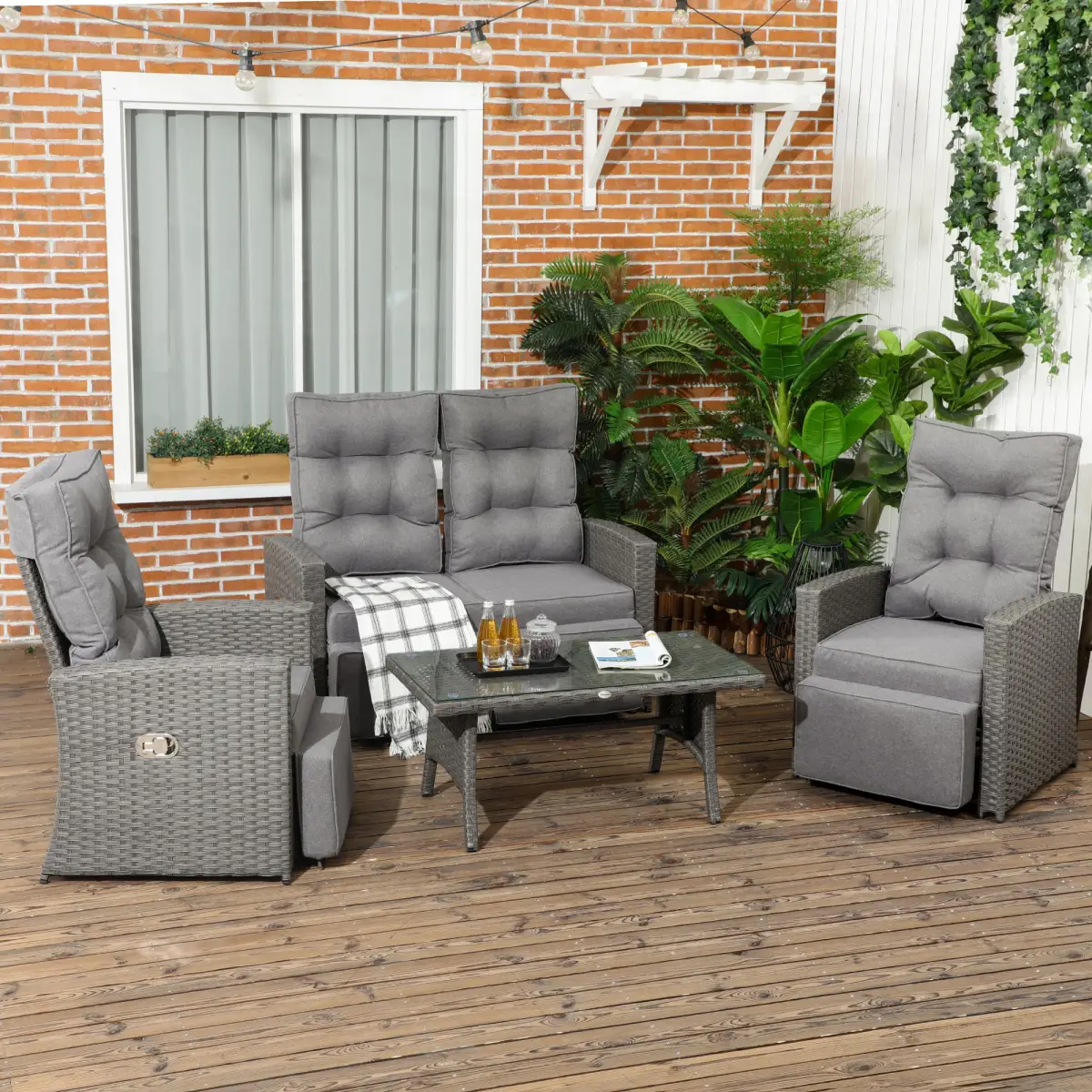 Outsunny Outsunny 4 Piece Rattan Garden Furniture Set with Sofa, Glass Table, Grey - Garden Set