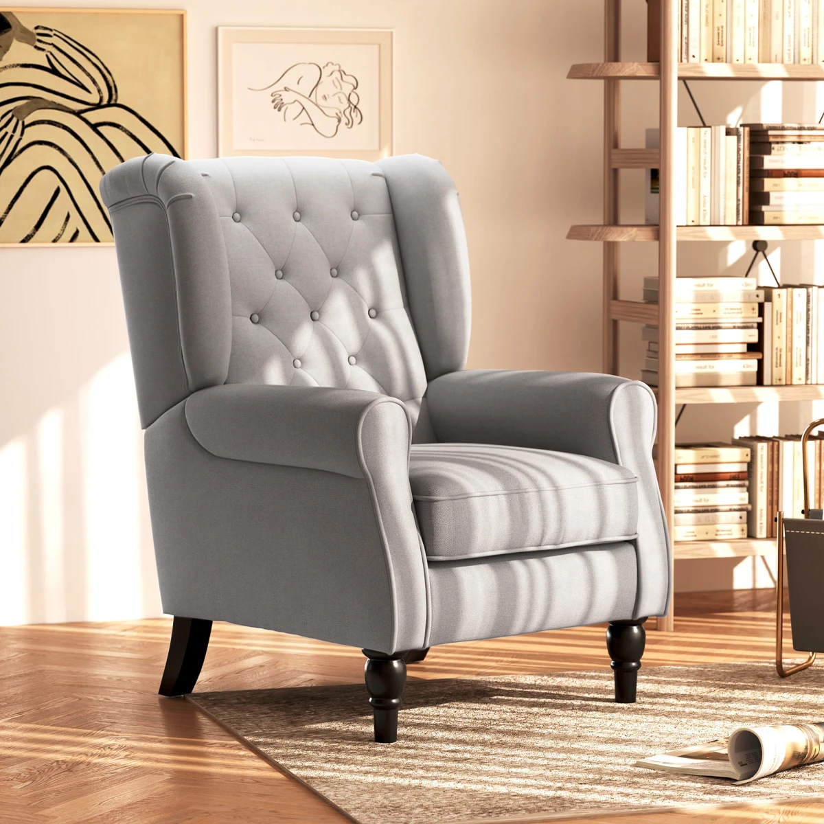 Unbranded Retro Wingback Accent Chair Medium Wood Frame Living Room - Armchair