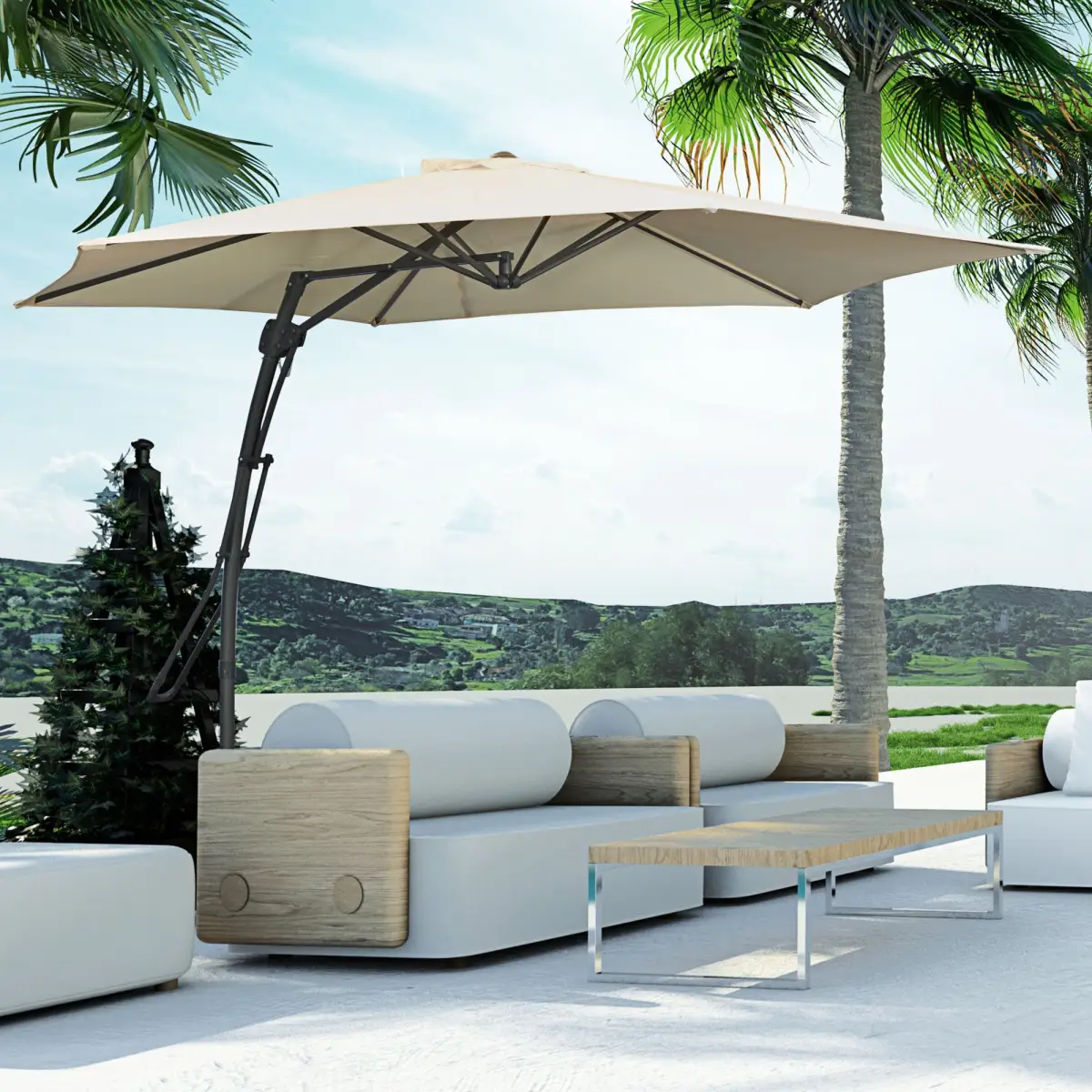 Outsunny Outsunny 3m Cantilever Parasol with Easy Lever Crank Handle 6 Metal Ribs White - Parasol