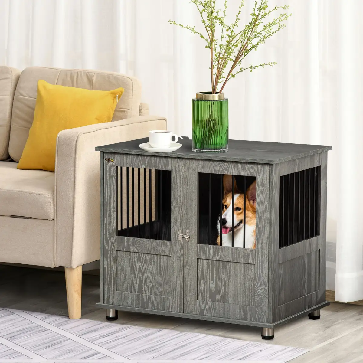 Pawhut Wooden & Wire Dog Cage for Medium Dog, Stylish Pet Kennel w/ Magnetic Doors - Dog Kennel