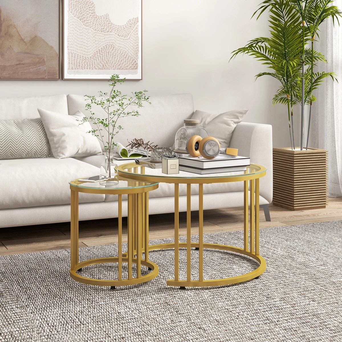 HOMCOM Nesting Coffee Tables Two Piece Set Tempered Glass Tops Gold Art Deco Living Room Decor - Nest of Tables