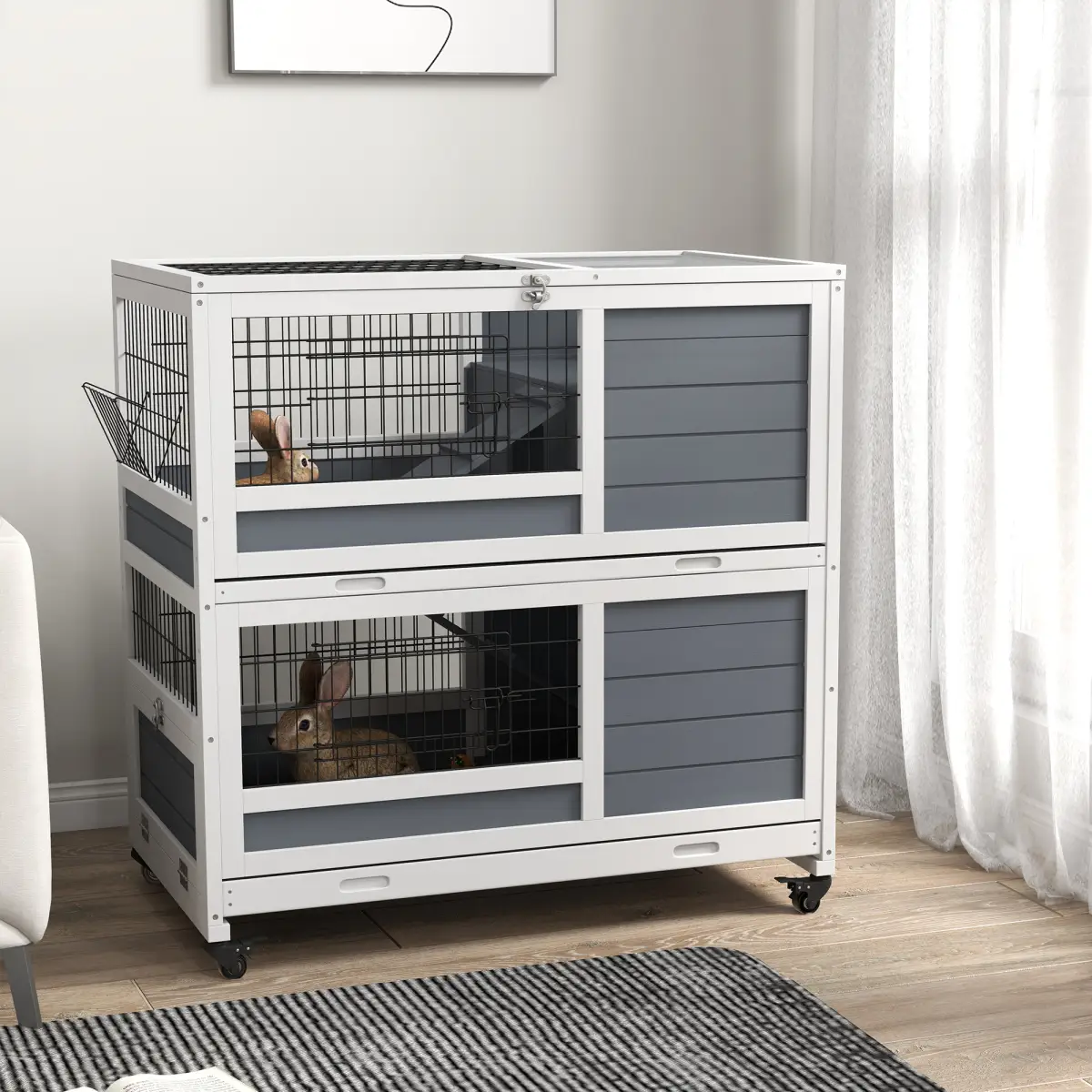 PawHut PawHut Double Deckers Indoor Rabbit Hutch w/ Feeding Trough, Slide-Out Trays - Rabbit Hutch