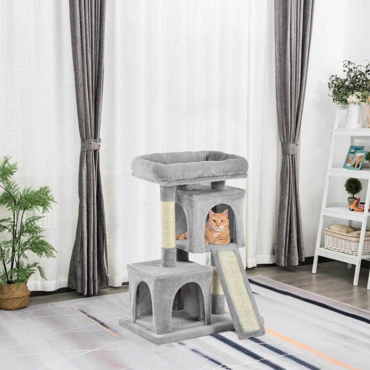Pawhut Cat Rest & Play Activity Tree w/ 2 House Cushion Perch Scratching Post Grey - Cat Tree