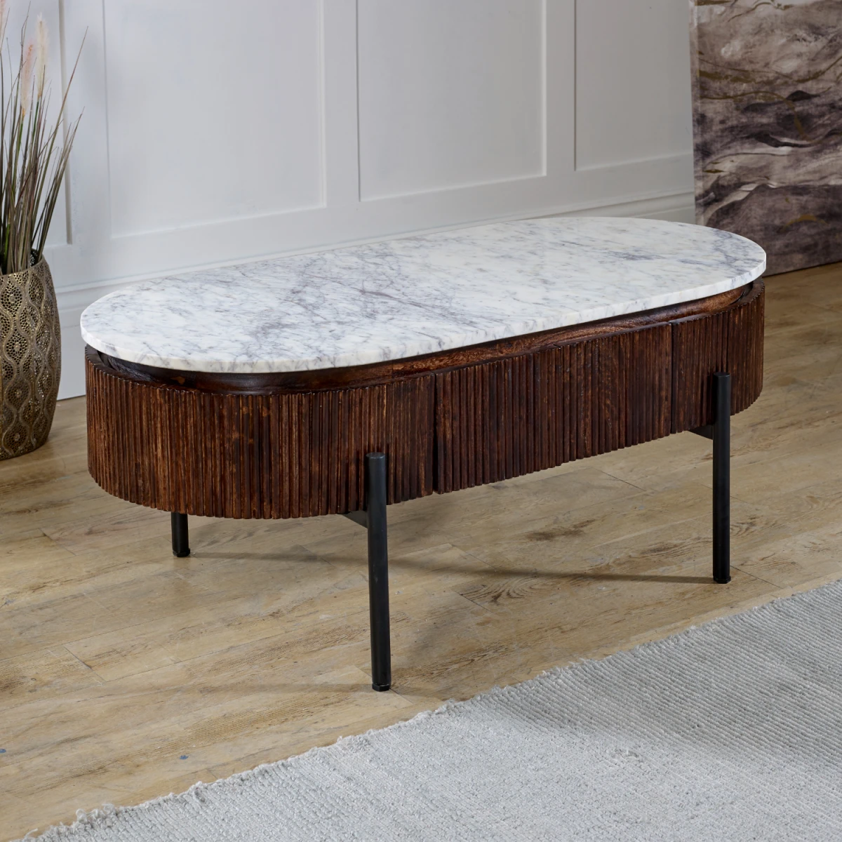 Opal Mango Wood Coffee Table Marble Top Fluted Base With Metal Legs For Living Room by Indian Hub