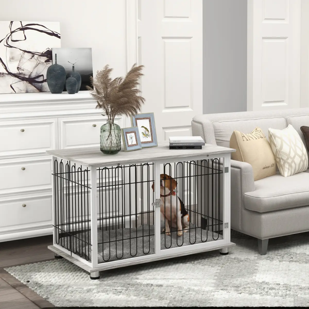 PawHut PawHut Dog Crate Furniture End Table with Soft Washable Cushion, Lockable Door - Dog Crate