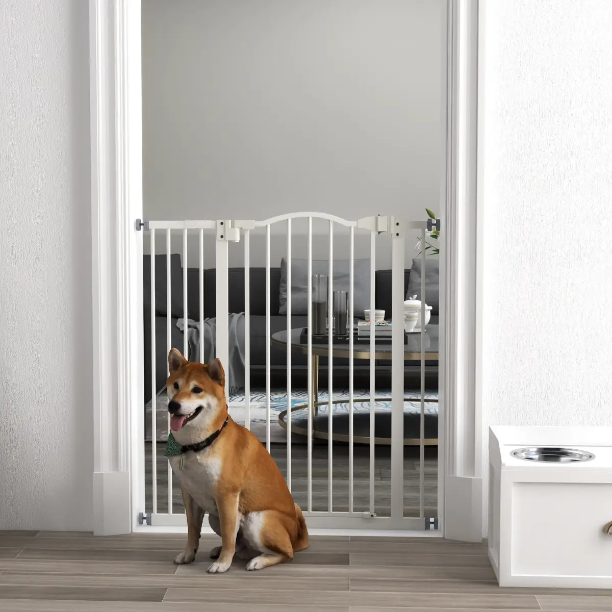 PawHut PawHut 74-94cm Adjustable Metal Pet Gate Safety Barrier w/ Auto-Close Door White - Pet Gate