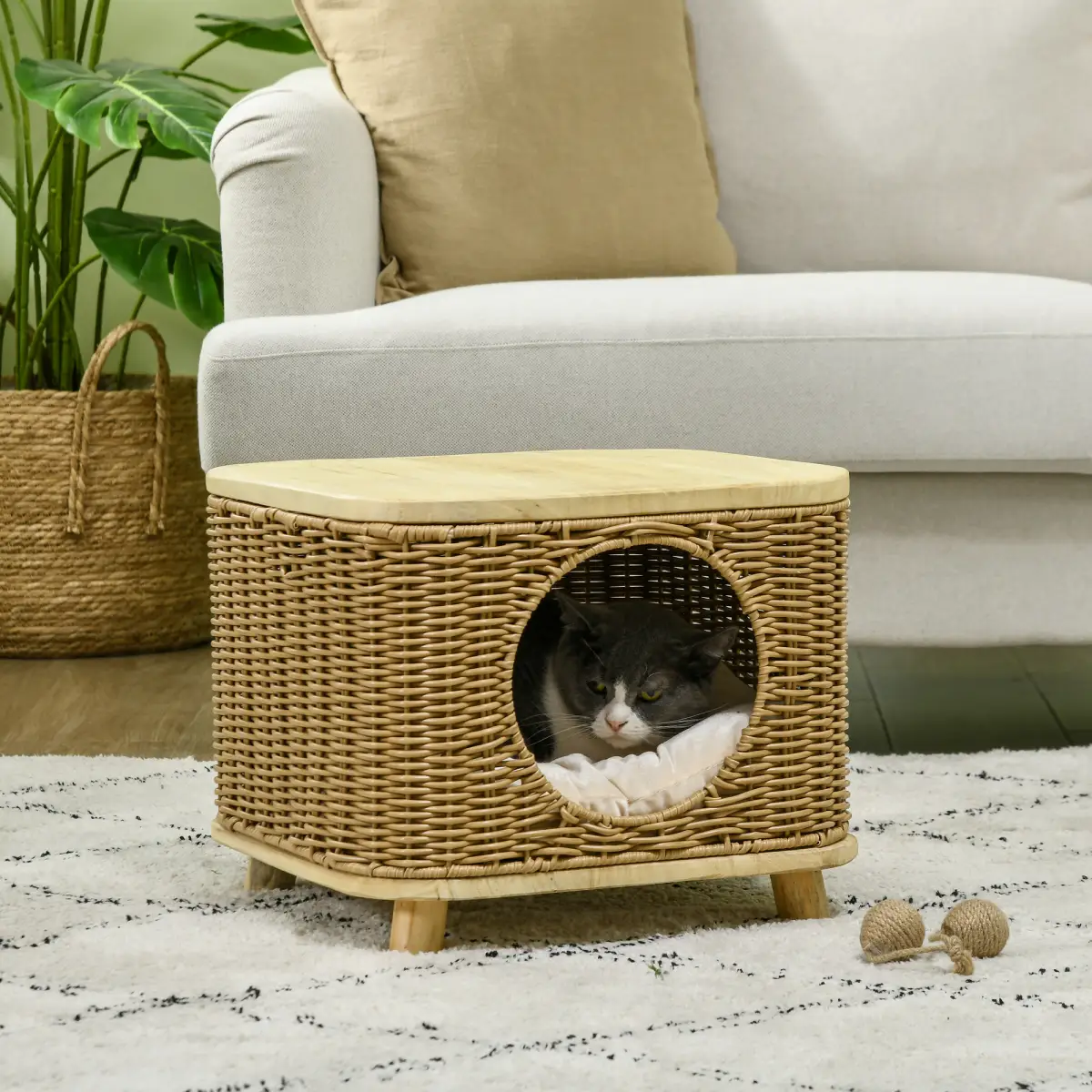 PawHut Elevated Design Wicker Cat House with Washable Cushion, Light Brown - Cat House