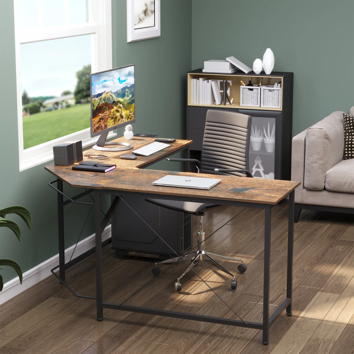 Industrial L-Shape Desk 60x24in Wood Grain Office