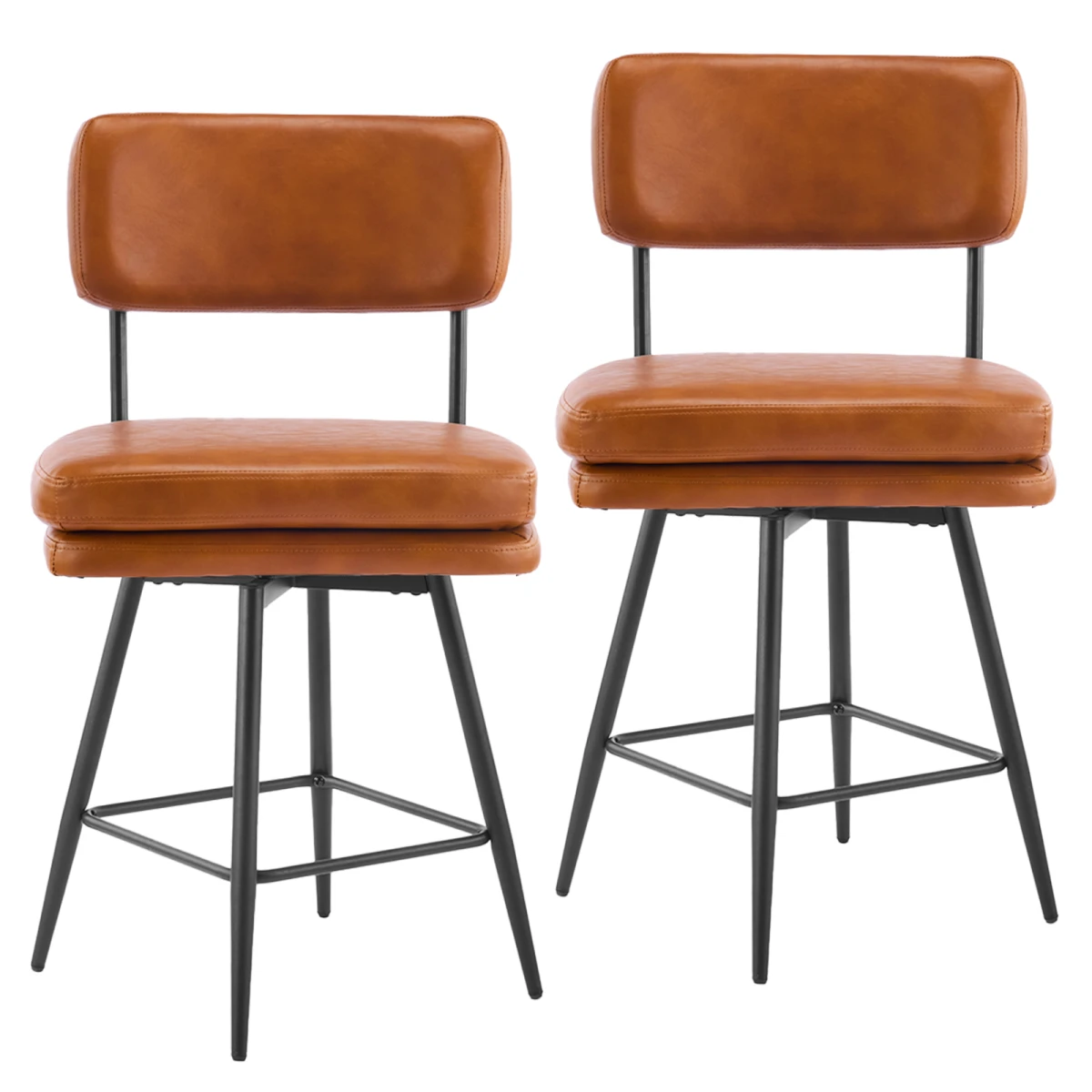 2 Pcs Brown PU Swivel Bar Stools with Removable Backrest & Double-Layer Seat, Metal Legs by N/A