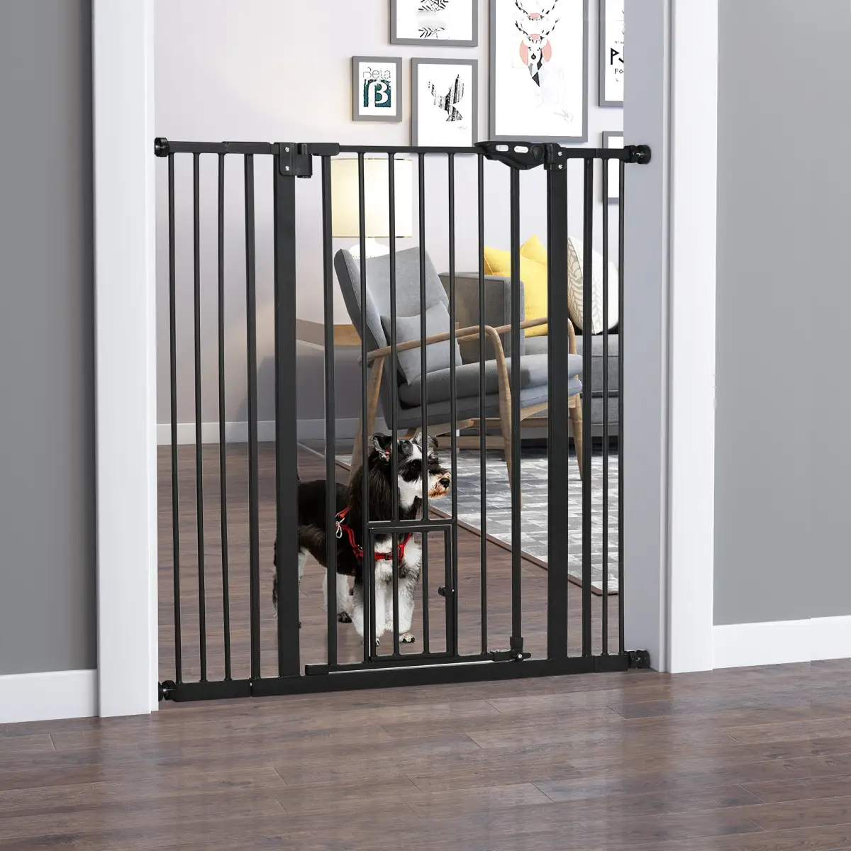 PawHut Extra Tall Dog Gate with Cat Door Auto Close for Stairs 74-101 cm Wide - Pet Gate