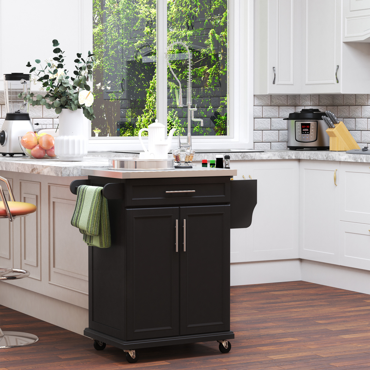 Rolling Kitchen Cart Storage Trolley with Drawer Towel Rail Steel Black HOMCOM - from Unbranded