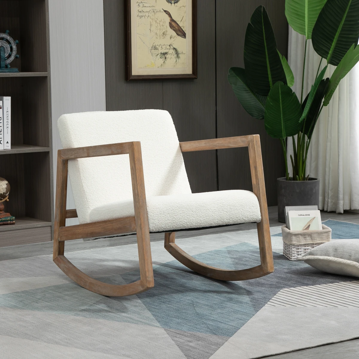 HOMCOM Rocking Chair Upholstered Armchair Cream Wood Frame with Plush Teddy Fleece Cushion for Living Room by HOMCOM