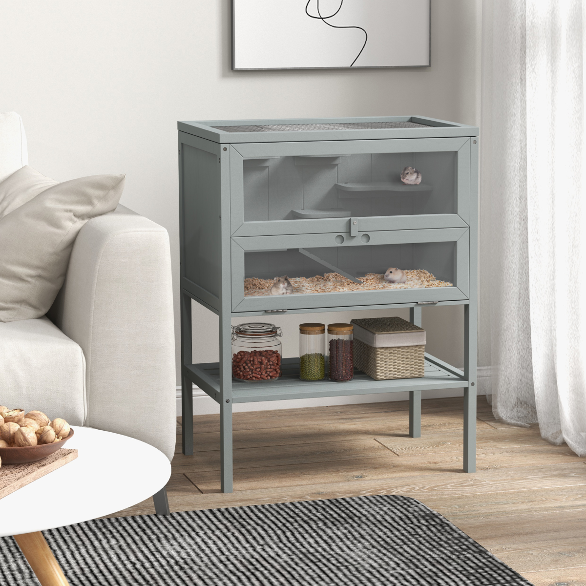 PawHut Wooden Hamster Cage w/ Storage Shelf, Openable Top for Gerbils, Grey - from PawHut