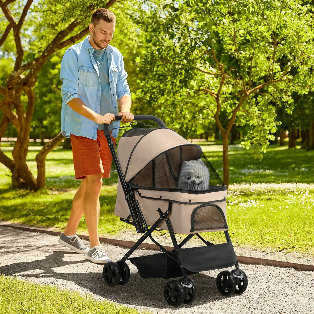 PawHut Pet Stroller Dog Foldable Travel Carriage with Reversible Handle, Brown - Pet Carrier