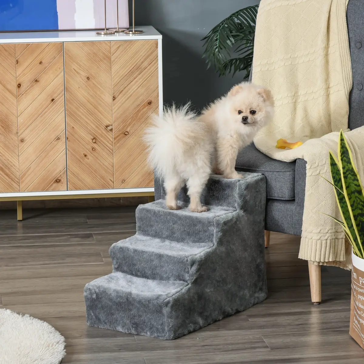 PawHut Portable Dog Stairs with Washable Plush Cover, for High Bed Sofa - Light Grey - Dog Steps