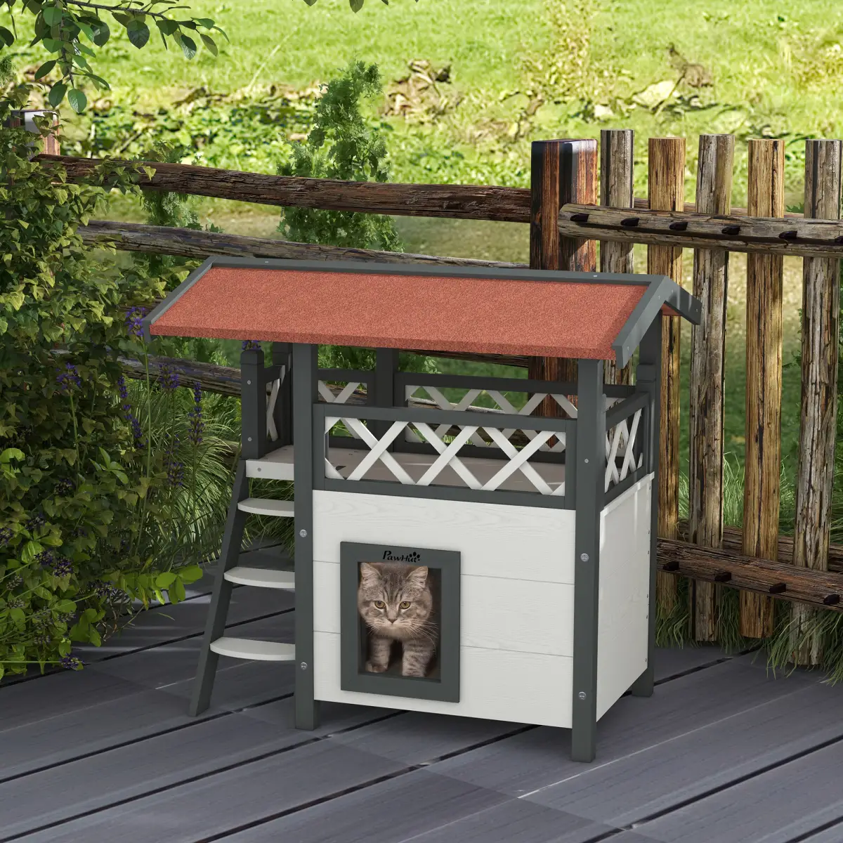 PawHut PawHut Outdoor Cat House with Balcony Stairs Roof, White - Cat House