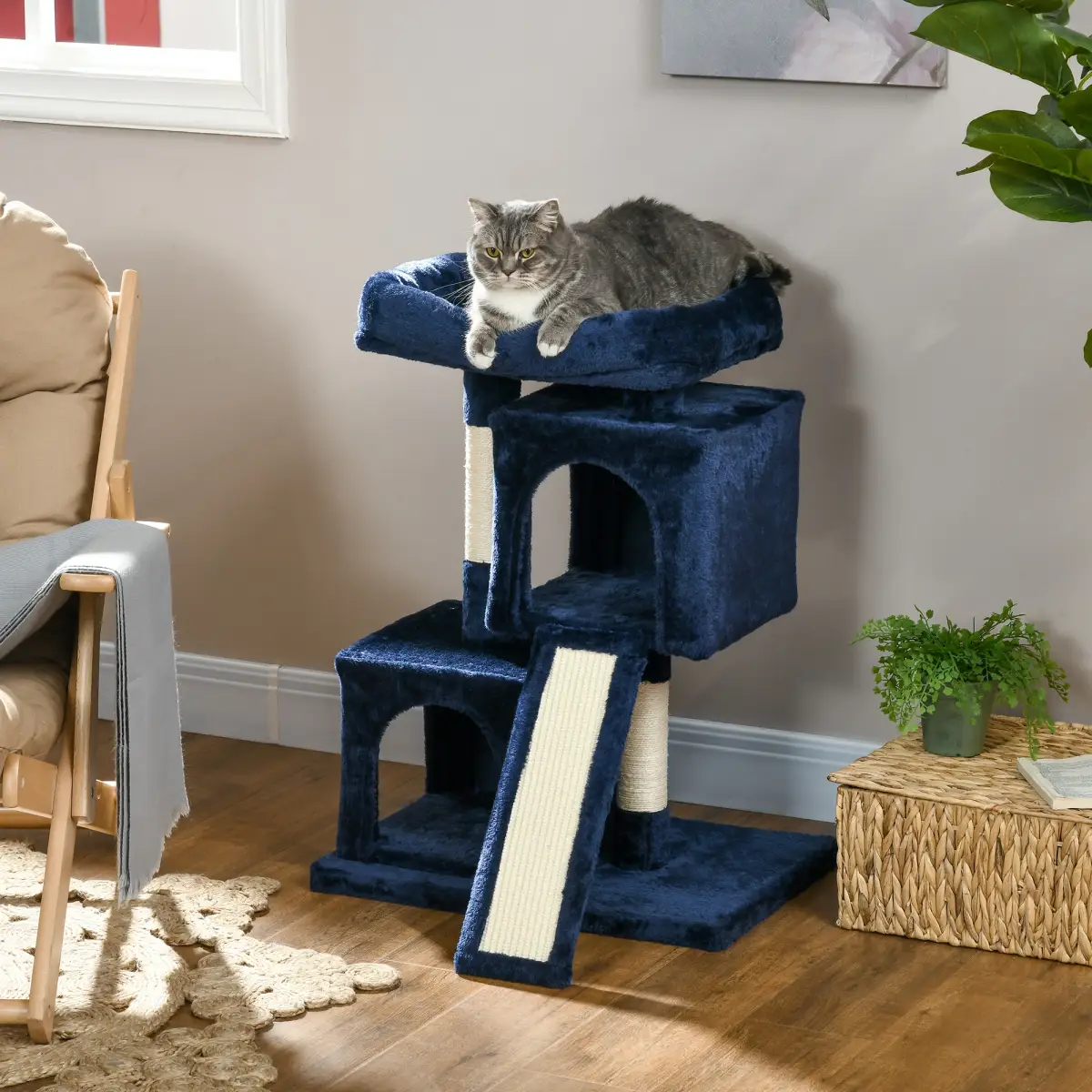 PawHut Cat Rest & Play Activity Tree w/ 2 House Perch Scratching Post Navy Blue - Cat Tree