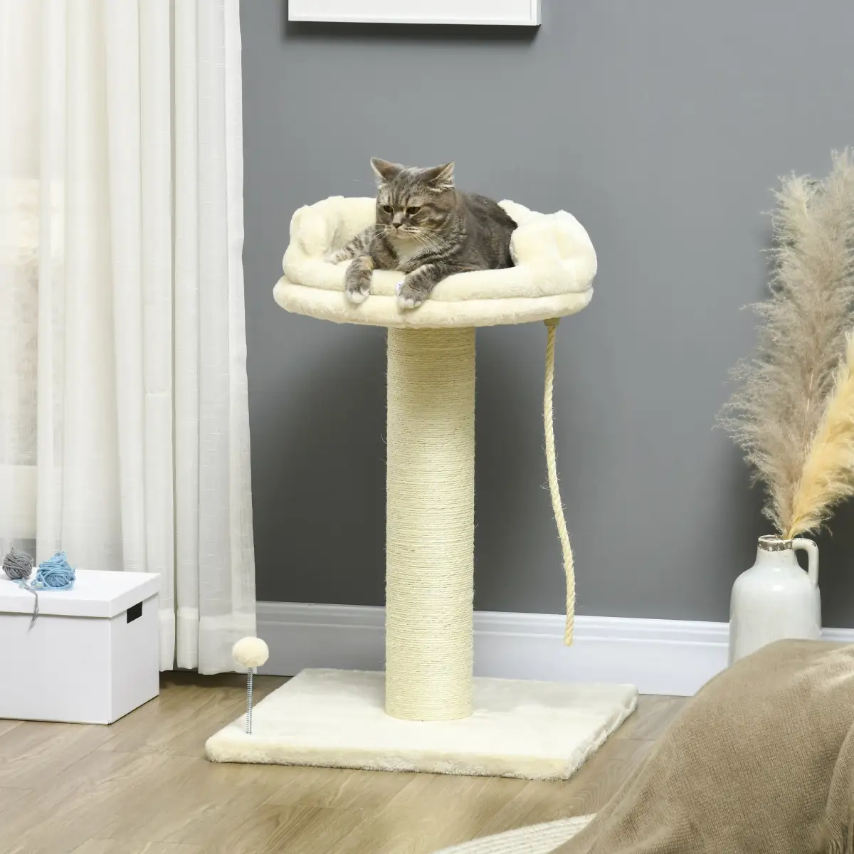 PawHut Cat Tree for Indoor Cats w/ Sisal Scratching Post, Spacious Kitten Bed - Cream - Cat Tree