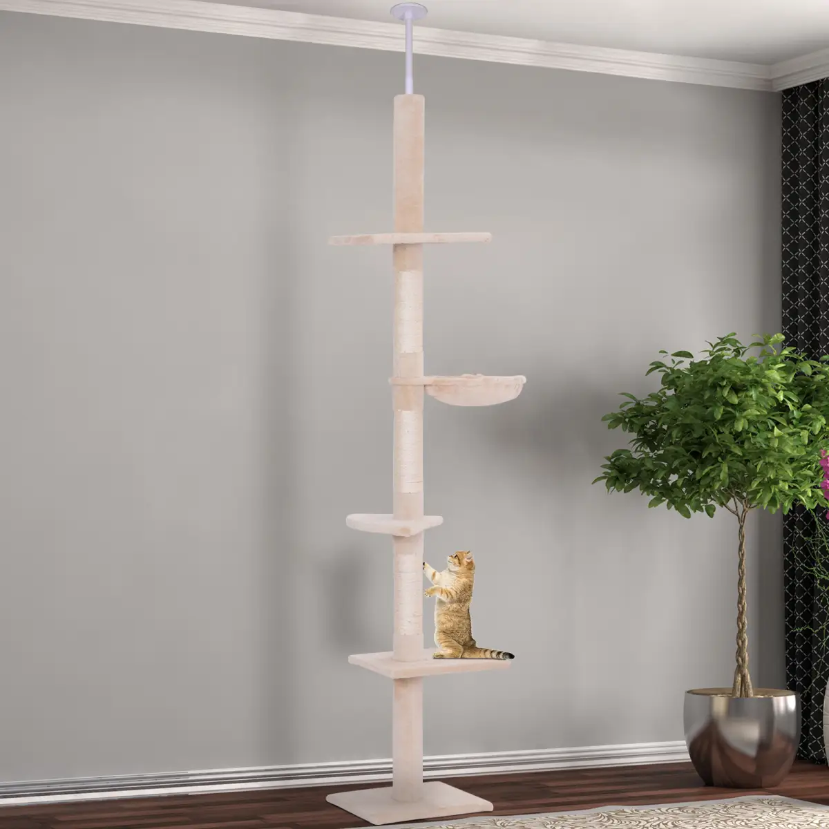 Pawhut Cat Tree Scratching Post Kitty Tower Activity Center 5-Tier Floor to Ceiling - Cat Tree