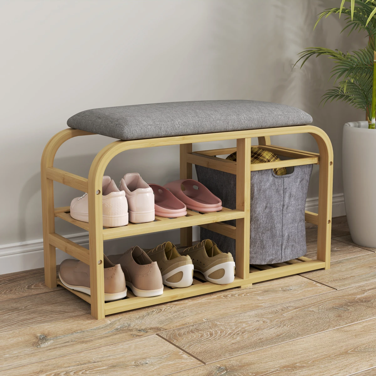 HOMCOM HOMCOM Bamboo Shoe Rack Bench With Padded Top And Pull Out Storage Basket Holds Four Pairs Natural Wood Finish Hallway - Shoe Storage