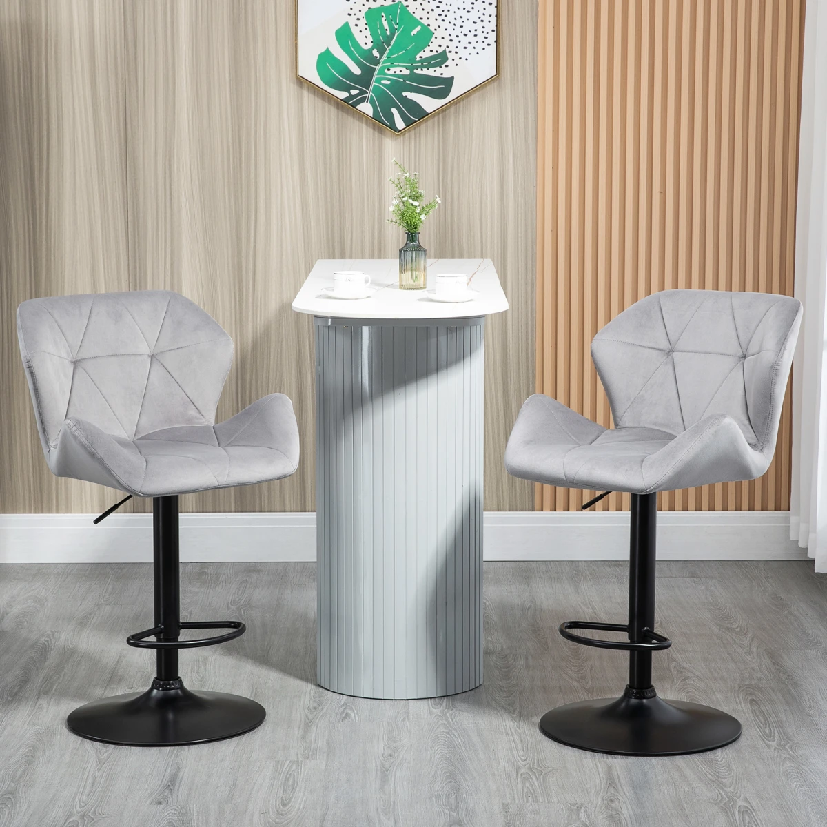 HOMCOM Set Of 2 Luxurious Velvet-Touch Bar Stools w/ Metal Frame Footrest Base Grey -